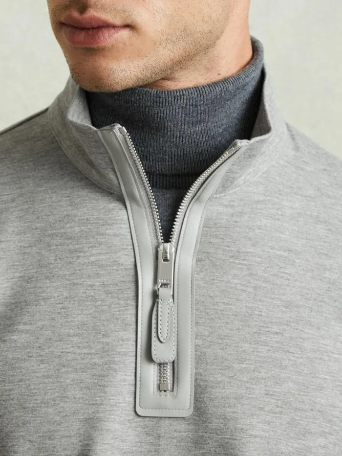 REISS Sweats Hoodies and Joggers Men Leather Placket Interlock Jersey Sweatshirt Grey Melange