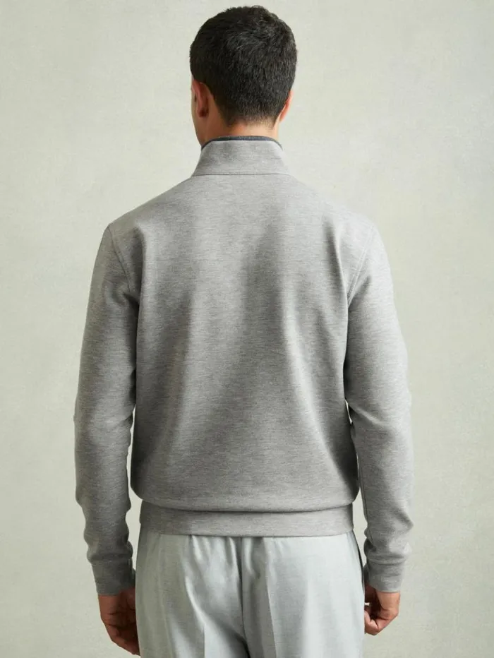 REISS Sweats Hoodies and Joggers Men Leather Placket Interlock Jersey Sweatshirt Grey Melange