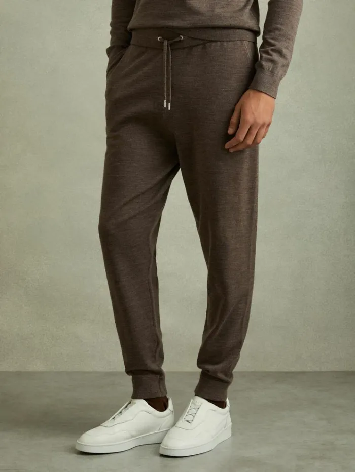REISS Sweats Hoodies and Joggers Men Merino Wool Blend Drawstring Joggers Dark Brown Melange