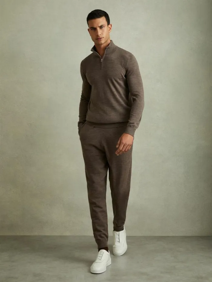 REISS Sweats Hoodies and Joggers Men Merino Wool Blend Drawstring Joggers Dark Brown Melange