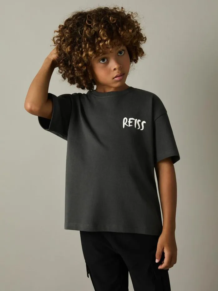 REISS TShirts Children 100 Cotton LogoPrint CrewNeck TShirt Washed Black