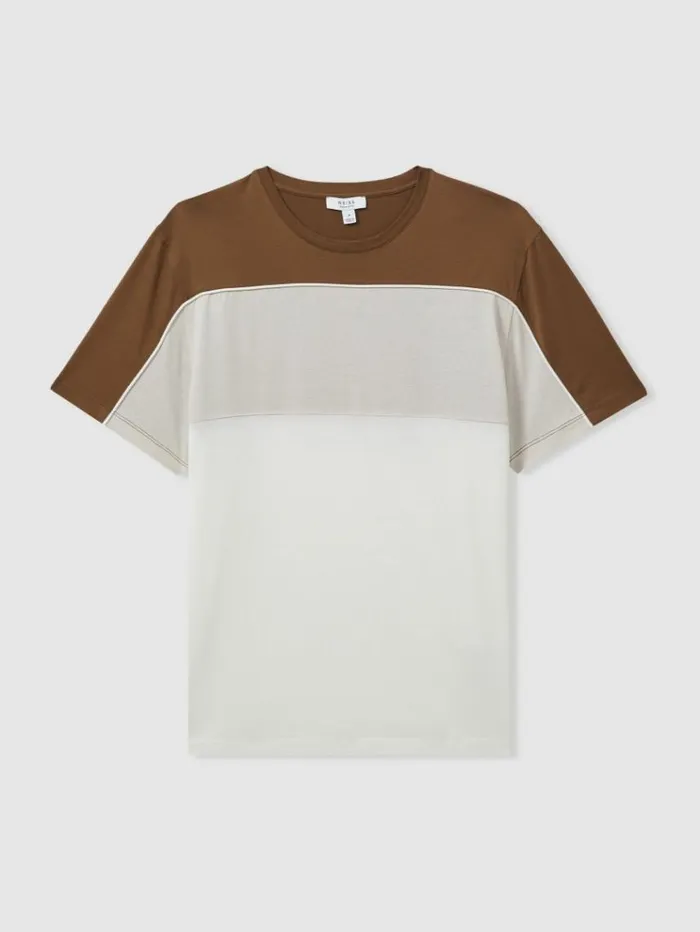 REISS TShirts Men Mercerised Cotton Colourblock Crew Neck TShirt Camel Brownwhite