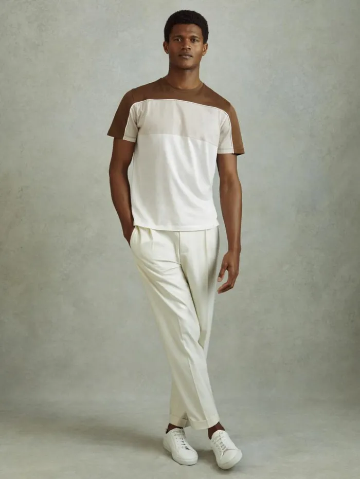 REISS TShirts Men Mercerised Cotton Colourblock Crew Neck TShirt Camel Brownwhite