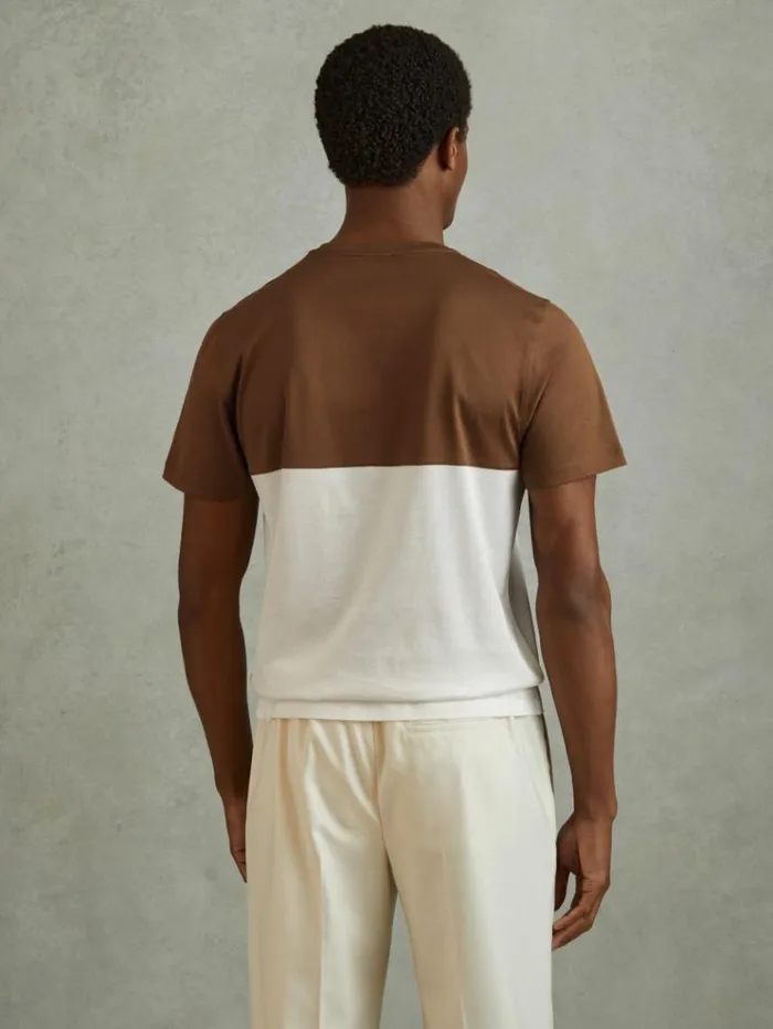 REISS TShirts Men Mercerised Cotton Colourblock Crew Neck TShirt Camel Brownwhite