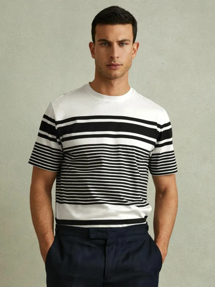 REISS TShirts Men Mercerised Cotton Striped Crew Neck TShirt Whitenavy