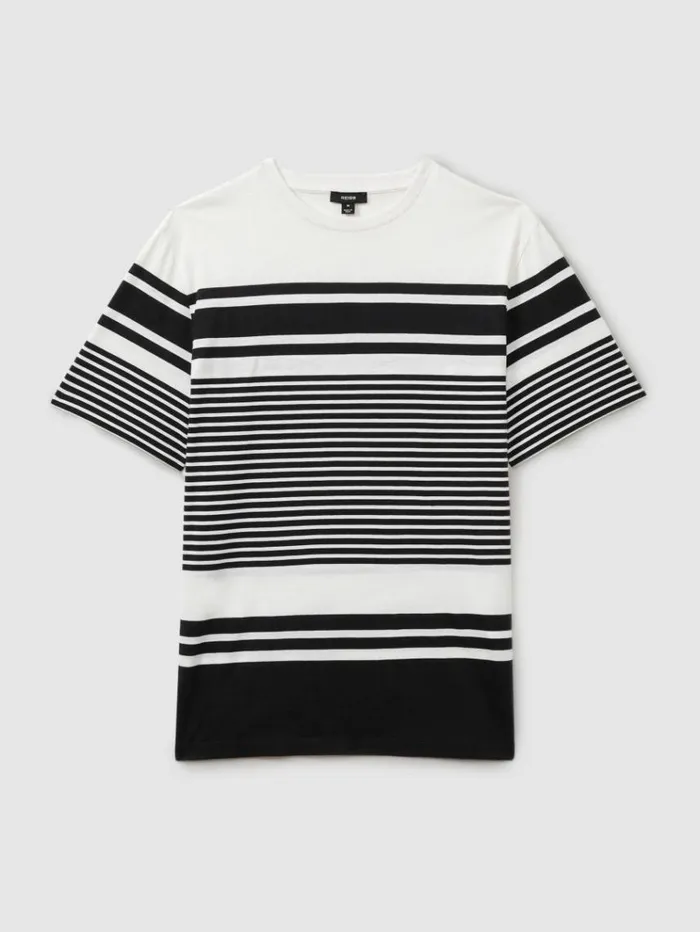 REISS TShirts Men Mercerised Cotton Striped Crew Neck TShirt Whitenavy