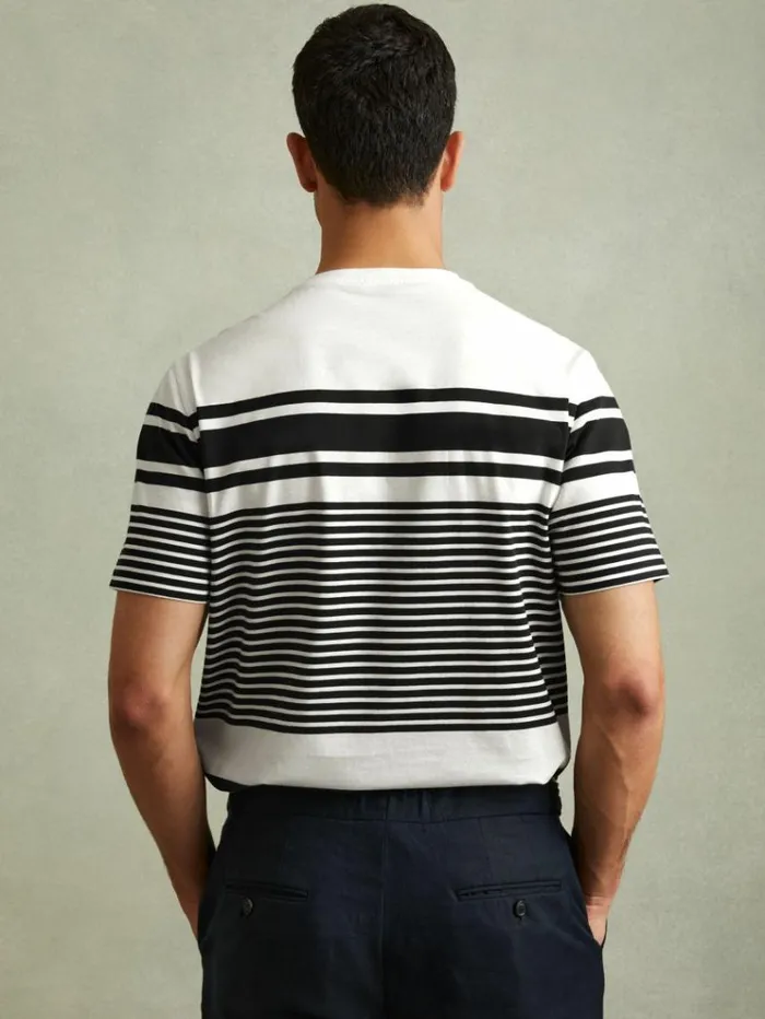 REISS TShirts Men Mercerised Cotton Striped Crew Neck TShirt Whitenavy
