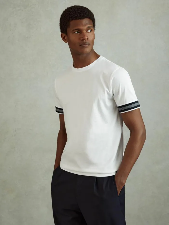 REISS TShirts Men Mercerised Cotton Striped TShirt White