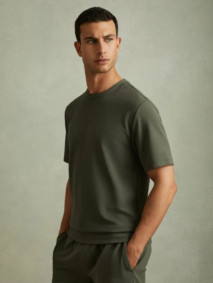 REISS TShirts Men Textured Crew Neck TShirt Green Smoke