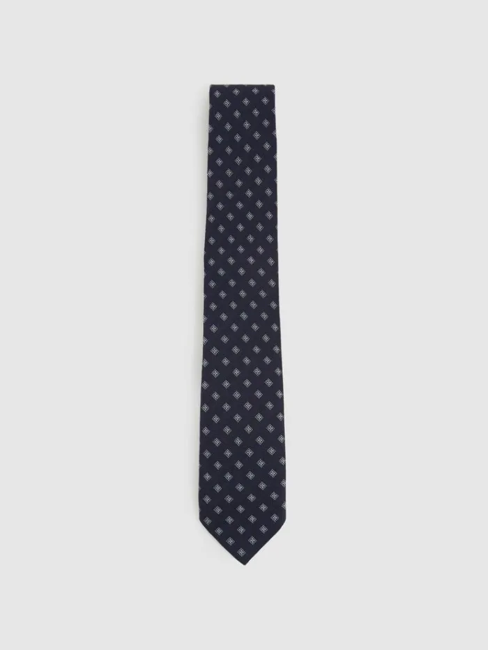REISS Ties and Pocket Squares Men Wool Silk Foulard Textured Tie Navy