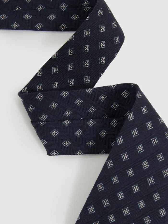 REISS Ties and Pocket Squares Men Wool Silk Foulard Textured Tie Navy