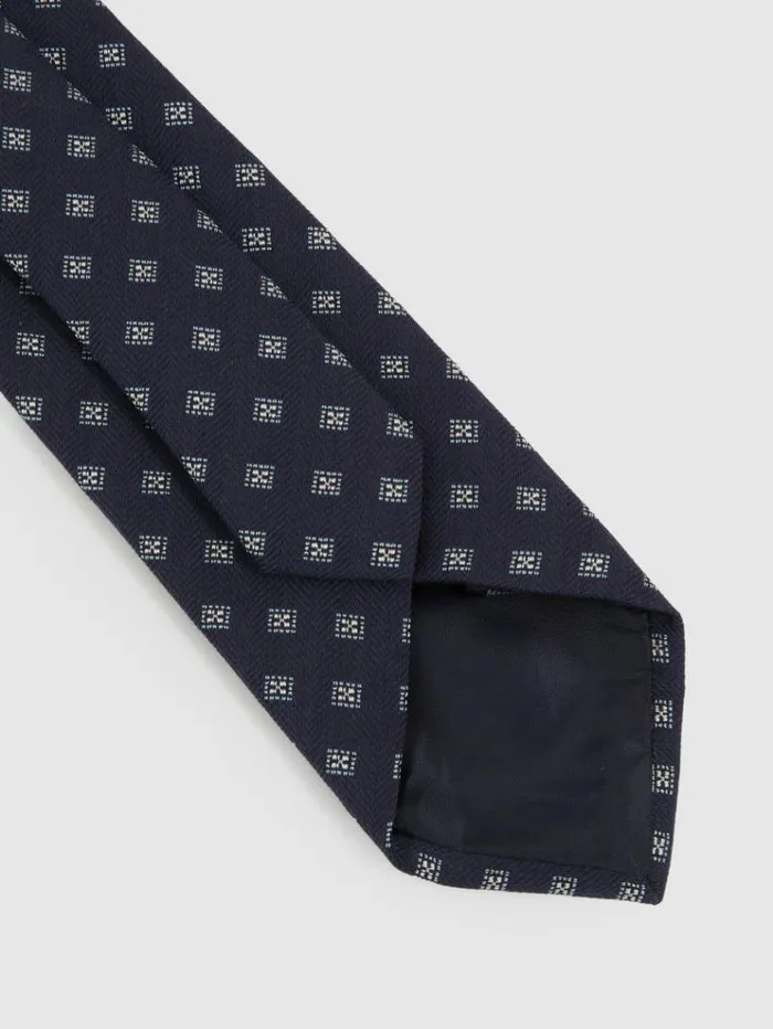 REISS Ties and Pocket Squares Men Wool Silk Foulard Textured Tie Navy