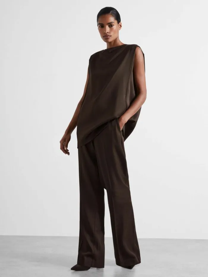 REISS Tops Women Atelier Satin Tunic Top With Wool Chocolate