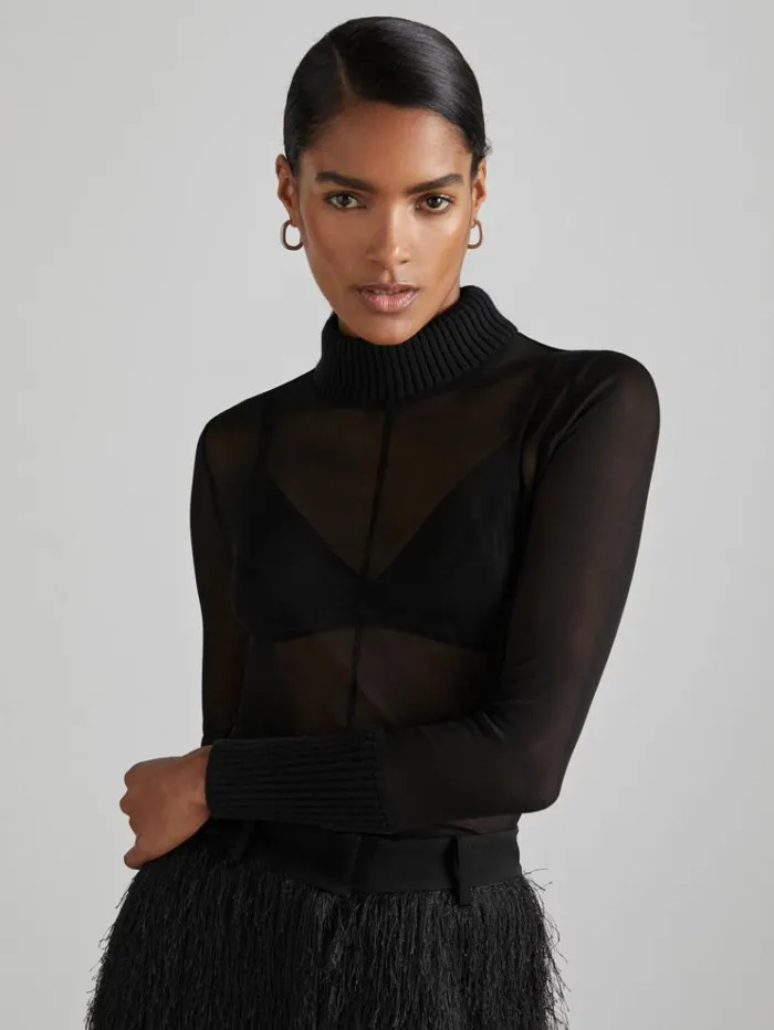 REISS Tops Women Atelier SheerJersey FunnelNeck Top Black