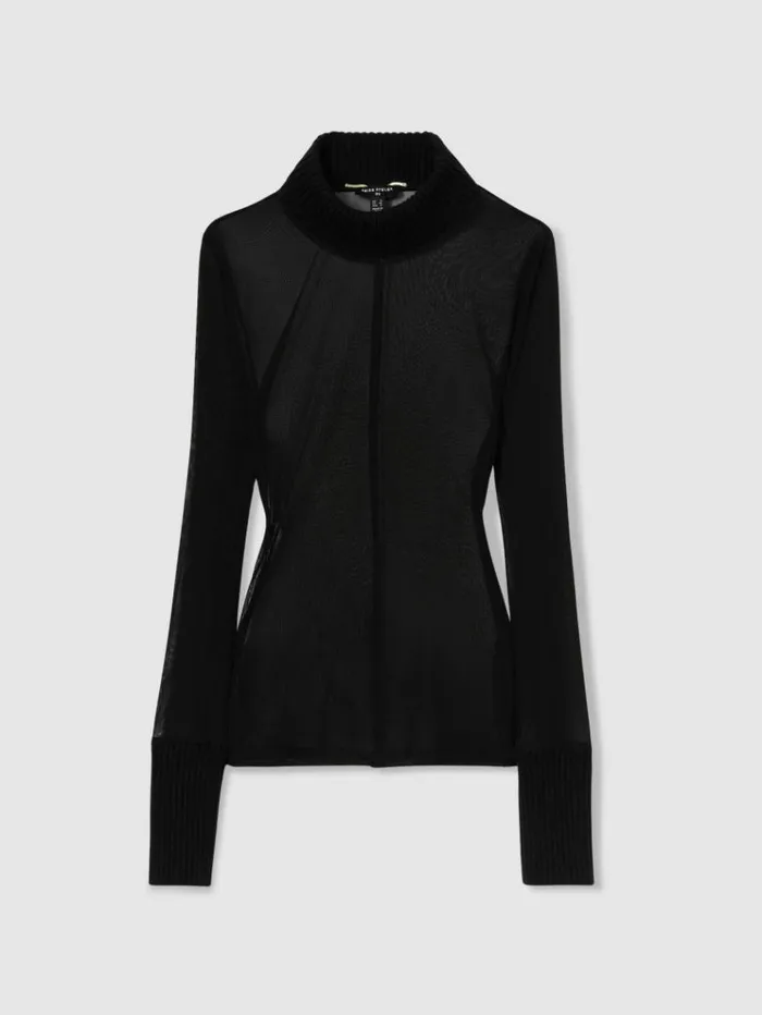 REISS Tops Women Atelier SheerJersey FunnelNeck Top Black