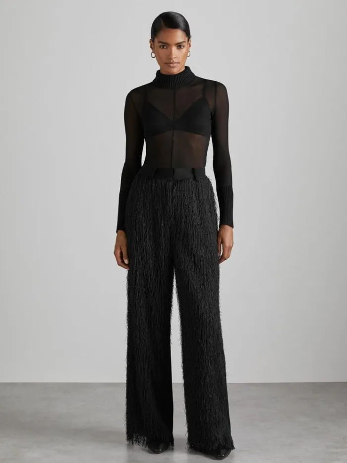 REISS Tops Women Atelier SheerJersey FunnelNeck Top Black