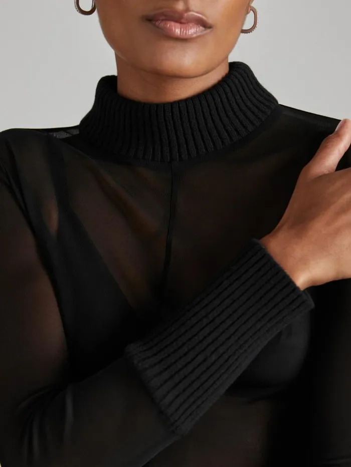 REISS Tops Women Atelier SheerJersey FunnelNeck Top Black