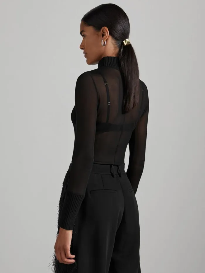 REISS Tops Women Atelier SheerJersey FunnelNeck Top Black