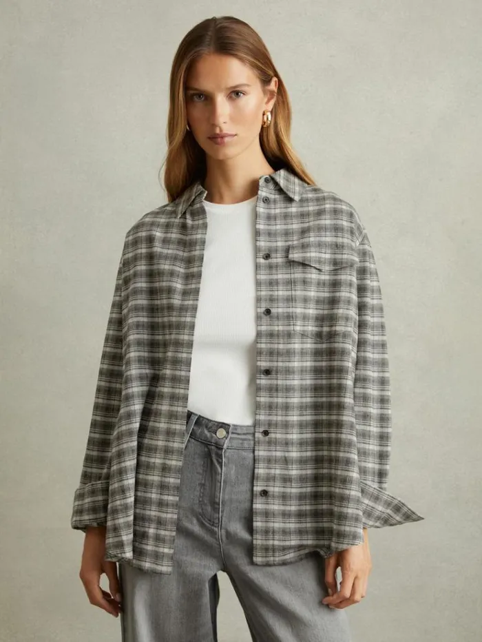 REISS Tops Women Checked ButtonThrough Shirt Grey