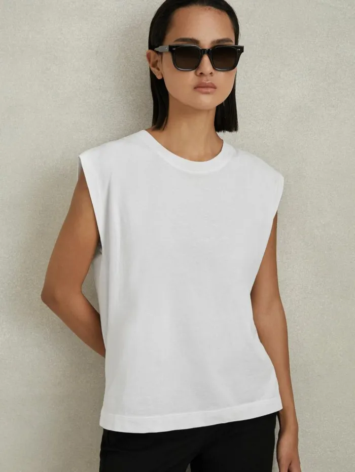 REISS Tops Women Cotton Capped Sleeve TShirt White