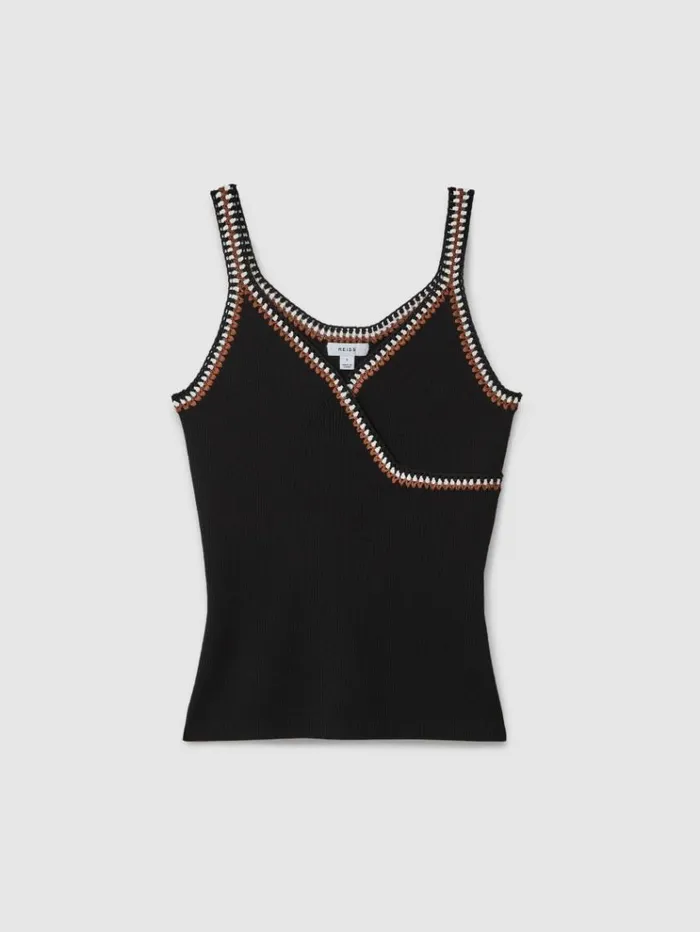 REISS Tops Women Knitted Crochet Trim Vest Blackcamel