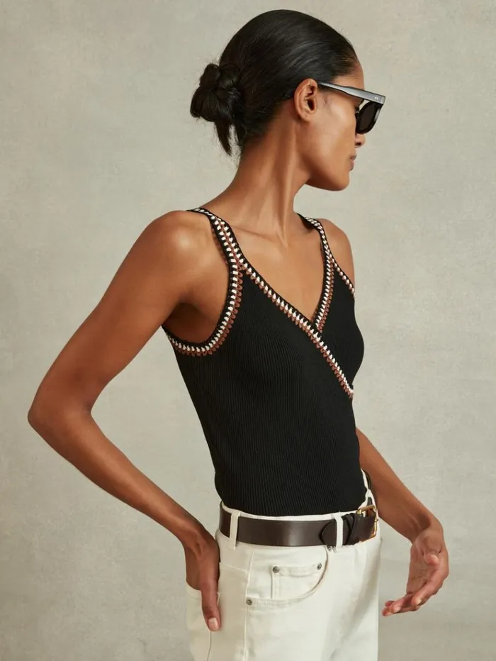 REISS Tops Women Knitted Crochet Trim Vest Blackcamel