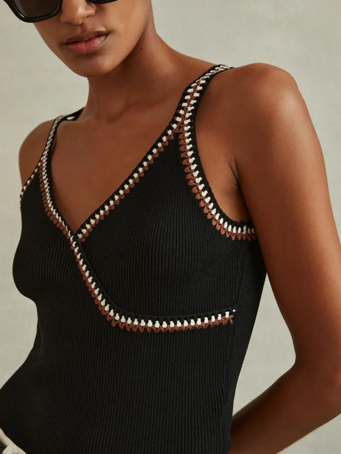 REISS Tops Women Knitted Crochet Trim Vest Blackcamel