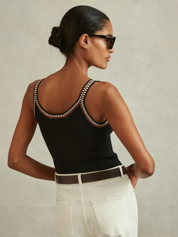 REISS Tops Women Knitted Crochet Trim Vest Blackcamel