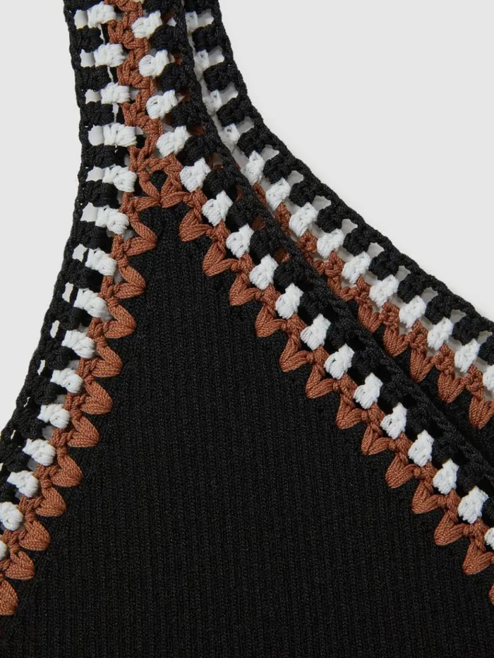 REISS Tops Women Knitted Crochet Trim Vest Blackcamel