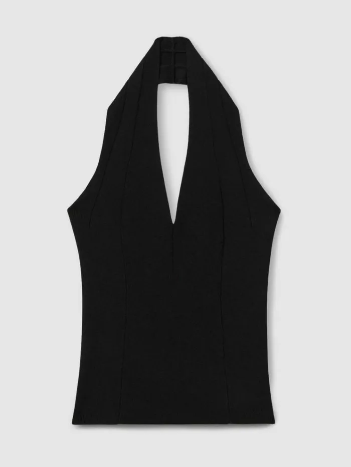 REISS Tops Women Knitted Panelled Halter Neck Top Black