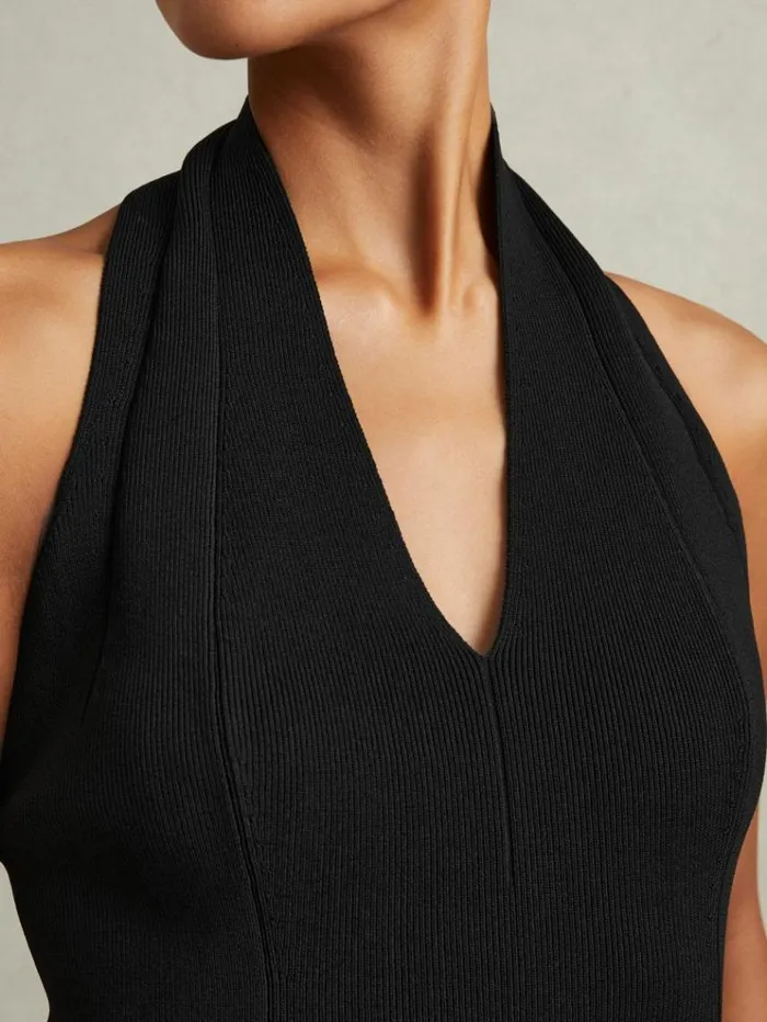 REISS Tops Women Knitted Panelled Halter Neck Top Black
