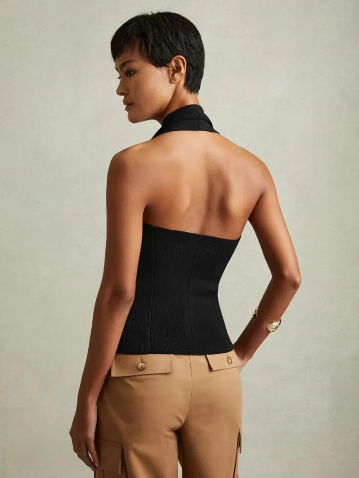 REISS Tops Women Knitted Panelled Halter Neck Top Black