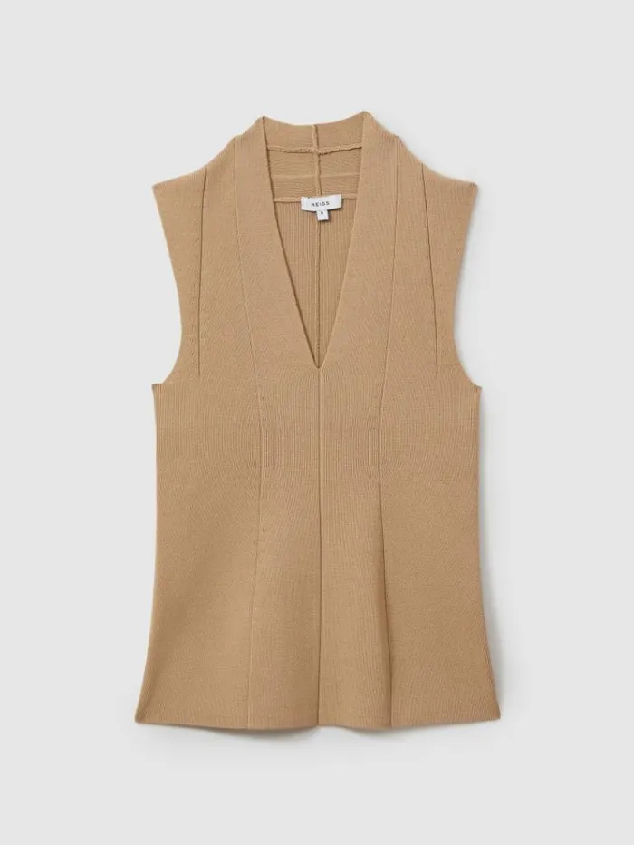 REISS Tops Women Knitted Sleeveless VNeck Vest Nude