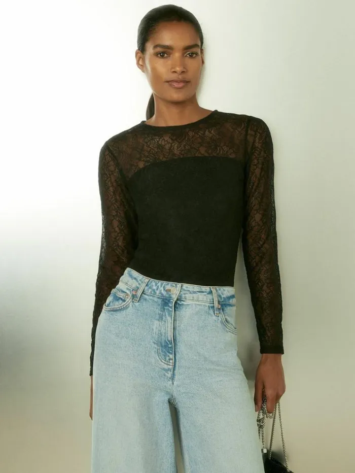 REISS Tops Women Lace DoubleLayer Bodysuit Black