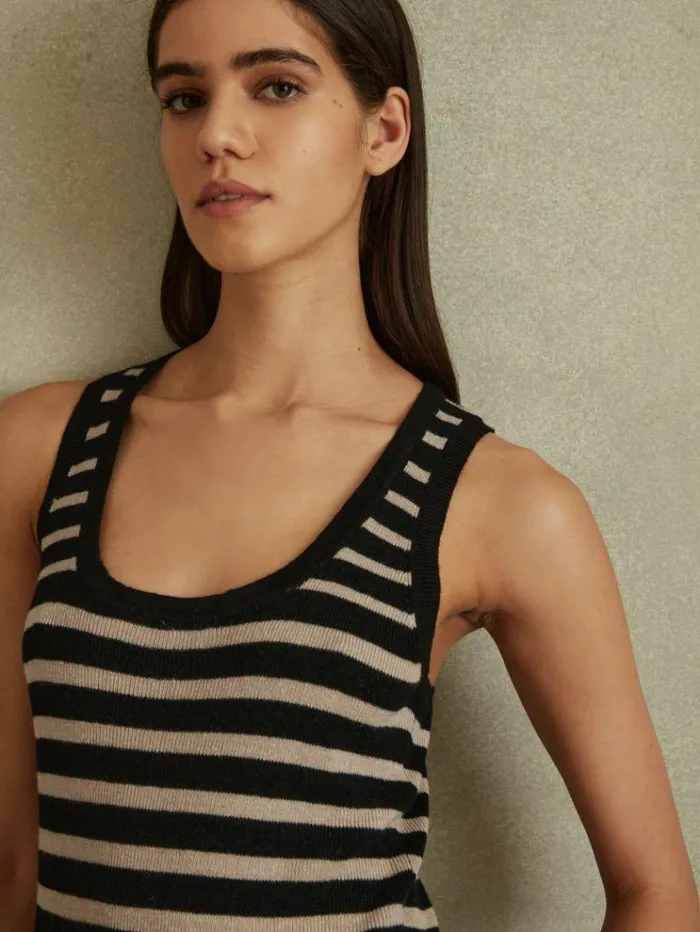REISS Tops Women LinenWool Striped Knitted Vest Blackcamel