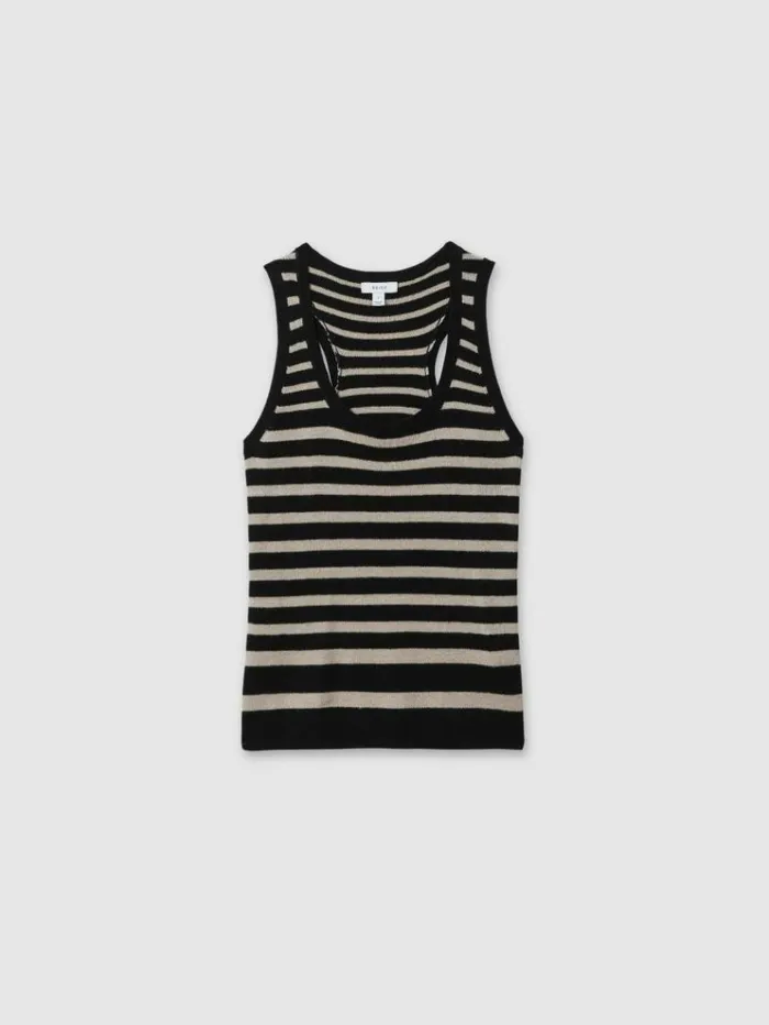REISS Tops Women LinenWool Striped Knitted Vest Blackcamel