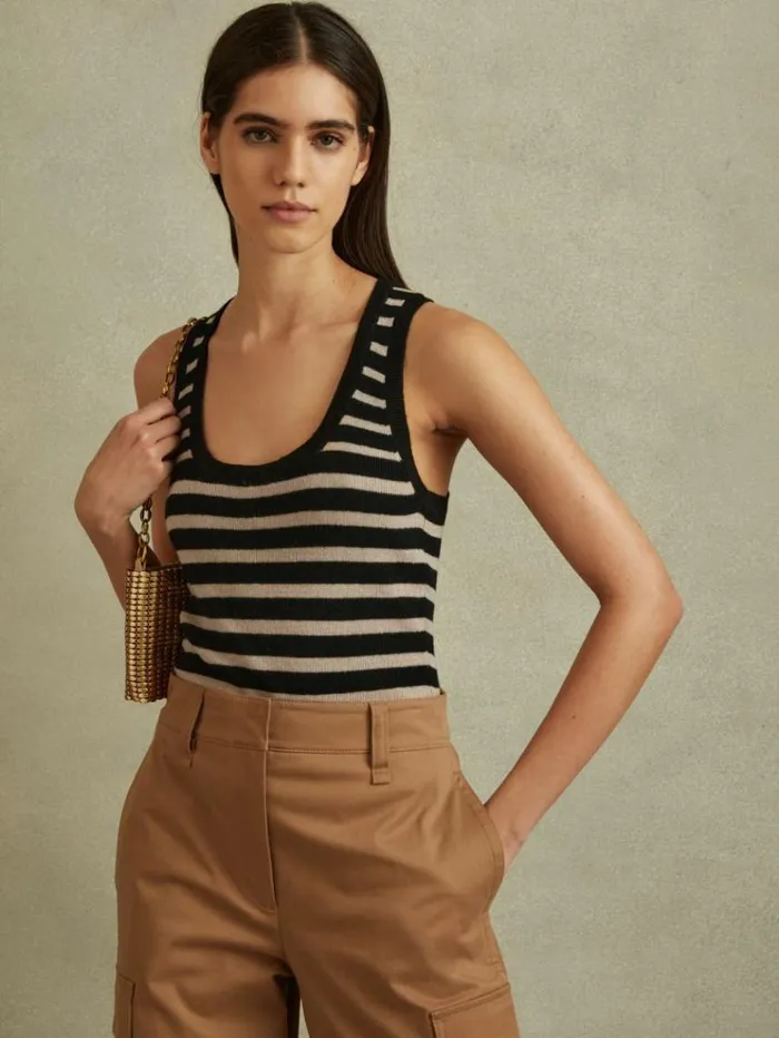 REISS Tops Women LinenWool Striped Knitted Vest Blackcamel