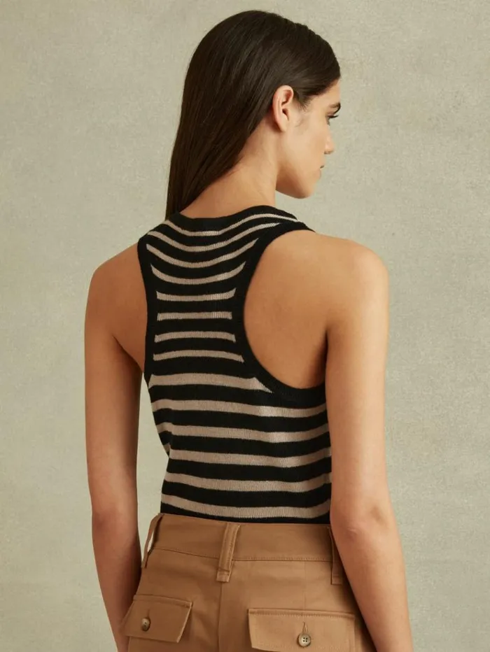 REISS Tops Women LinenWool Striped Knitted Vest Blackcamel