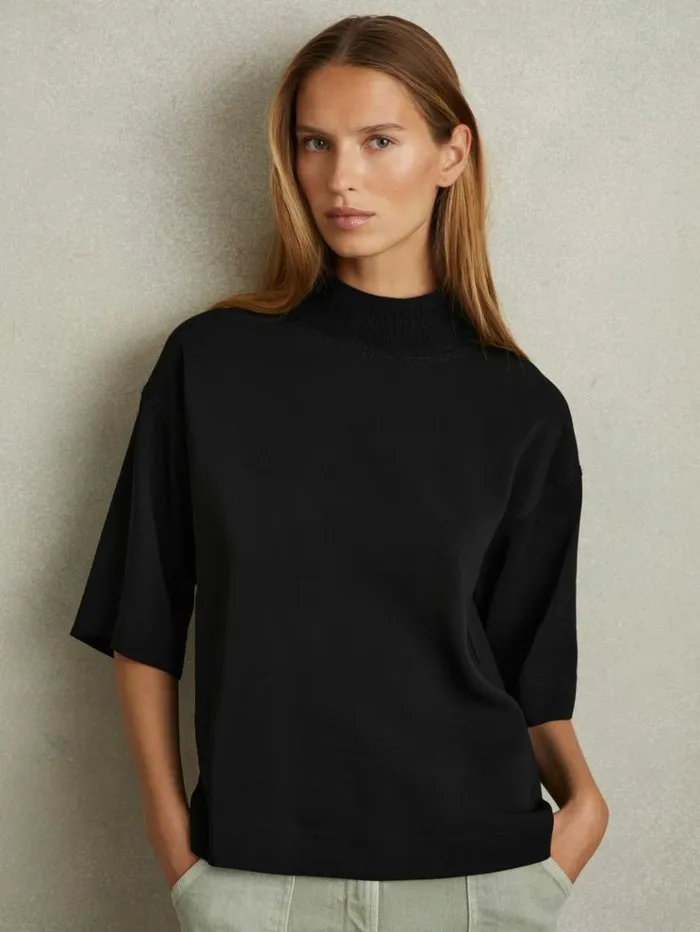 REISS Tops Women Oversized Rib Neck TShirt Black