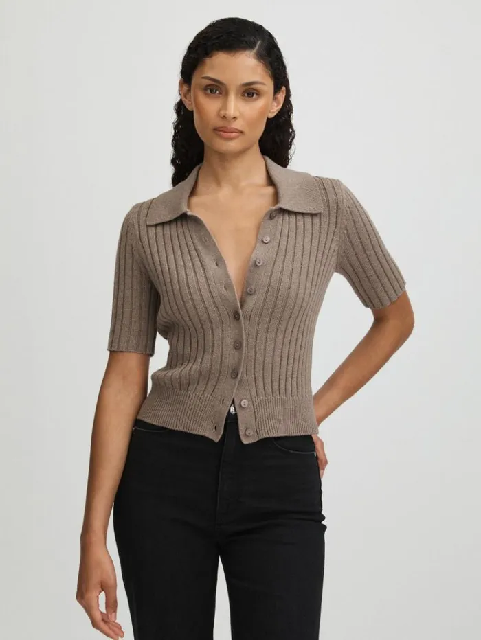 REISS Tops Women Paige Light Brown Ribbed ButtonThrough Top Light Brown