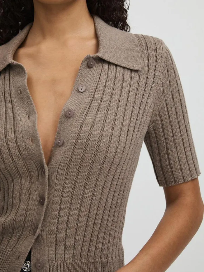 REISS Tops Women Paige Light Brown Ribbed ButtonThrough Top Light Brown