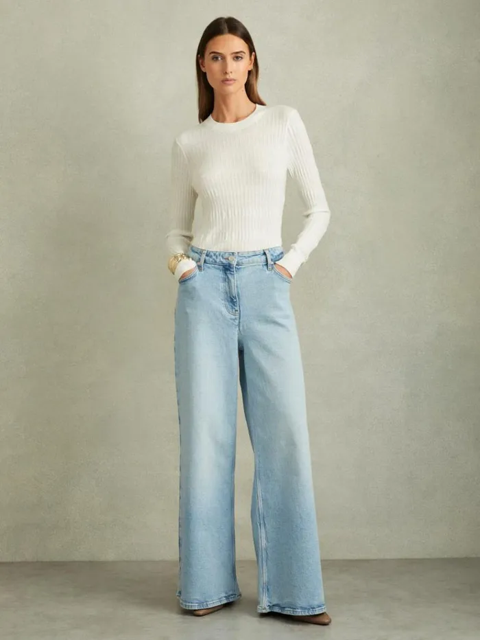 REISS Tops Women Ribbed Crew Neck Top Ivory