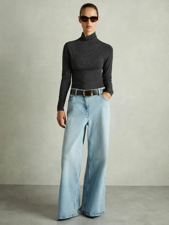 REISS Tops Women Ruched Jersey Top With Wool Black