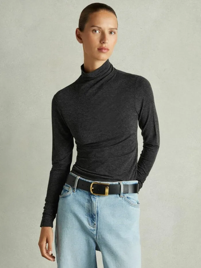 REISS Tops Women Ruched Jersey Top With Wool Black