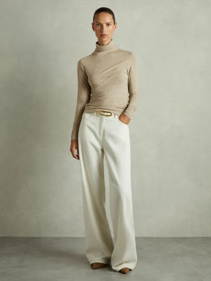 REISS Tops Women Ruched Jersey Top With Wool Neutral