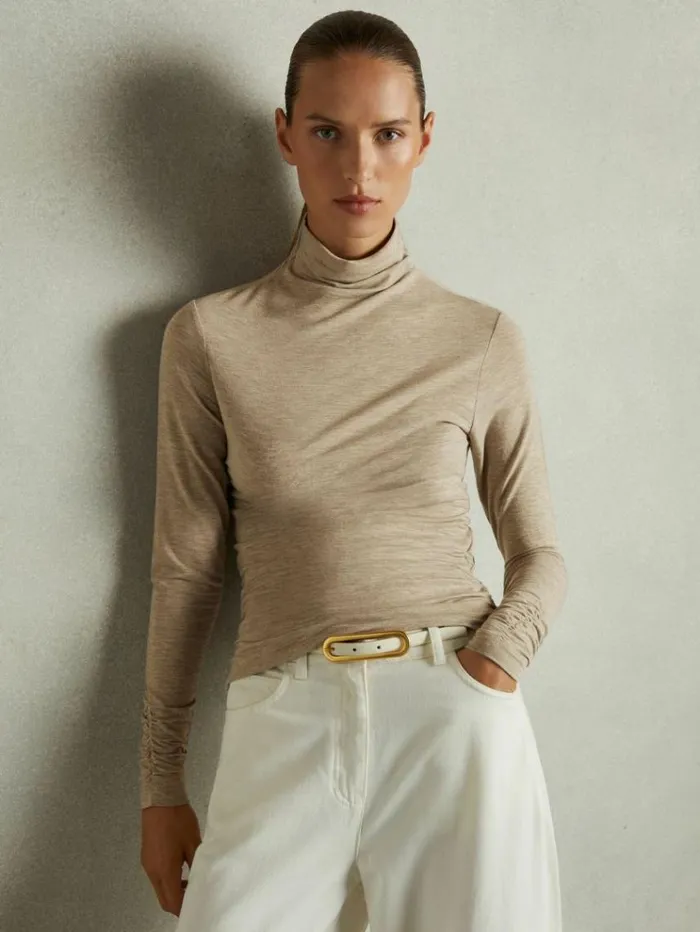 REISS Tops Women Ruched Jersey Top With Wool Neutral