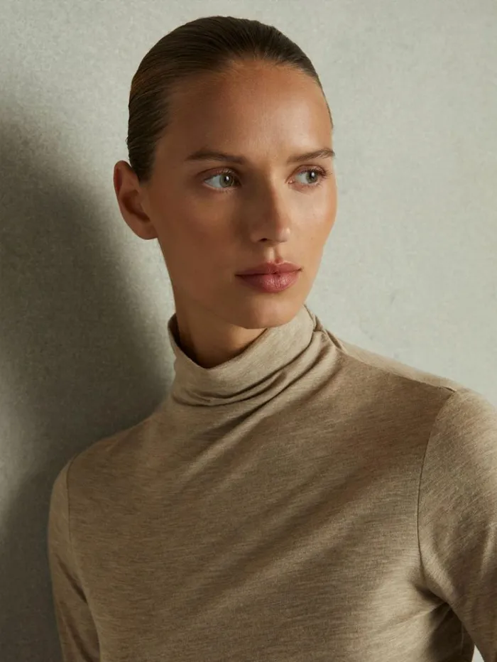 REISS Tops Women Ruched Jersey Top With Wool Neutral
