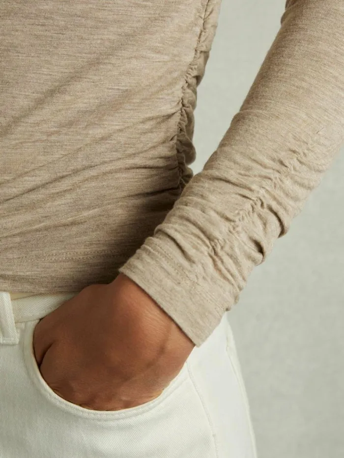REISS Tops Women Ruched Jersey Top With Wool Neutral