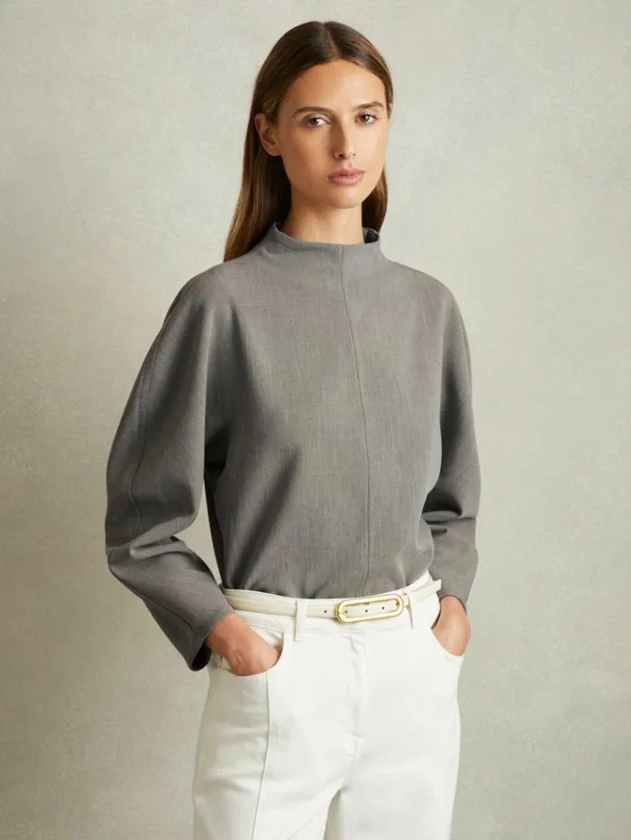 REISS Tops Women Sculpted High Neck Top Grey