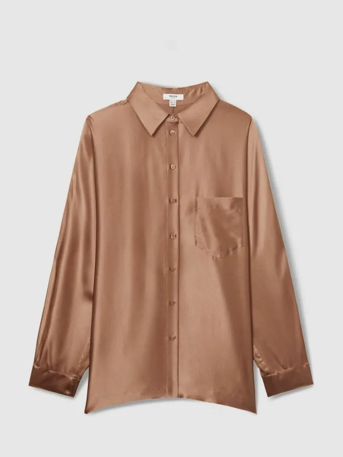 REISS Tops Women Silk Satin Grown On Sleeve Shirt Taupe